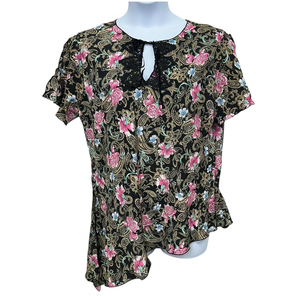 Unique Spectrum Blouse Womens XL‎ Black Floral Paisley Lace Asymmetrical Hem